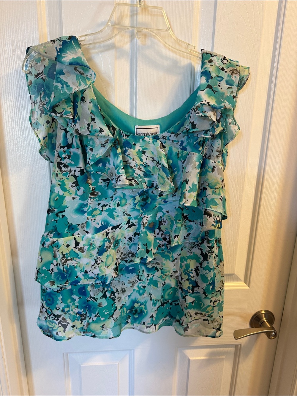 Calvin Klein Teal & Aqua Floral Ruffle Shell Top
